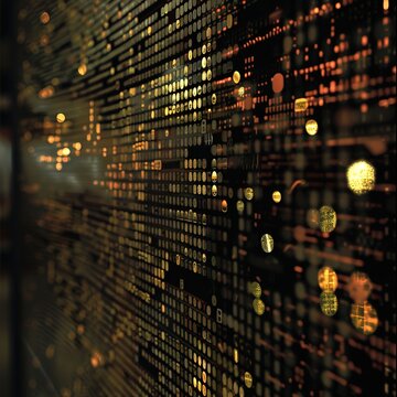 Stunning digital data stream background with glowing orange and gold code flow