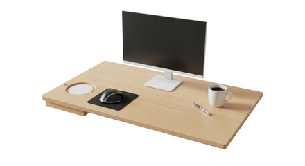 Modern wooden desk organizer with computer monitor and office supplies isolated on transparent background