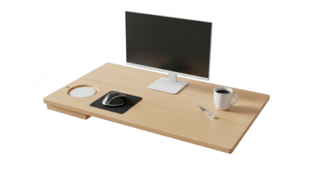 Modern wooden desk organizer with computer monitor and office supplies isolated on transparent background
