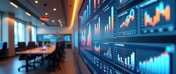 Corporate meeting room with digital data dashboard displays; charts animate dynamically, camera slowly tracks across the room, capturing ambient light flicker in a cinematic style. - Powered by Adobe