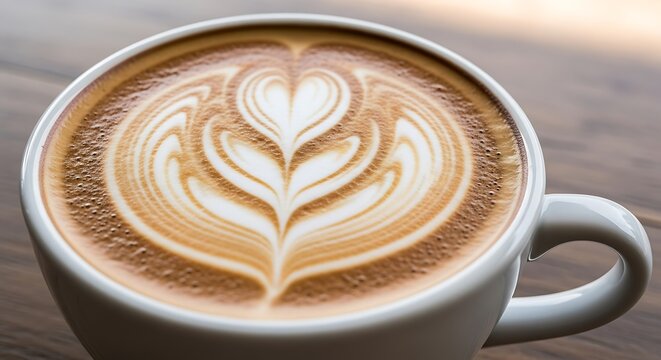 Beautifully crafted latte art heart design in a white coffee mug