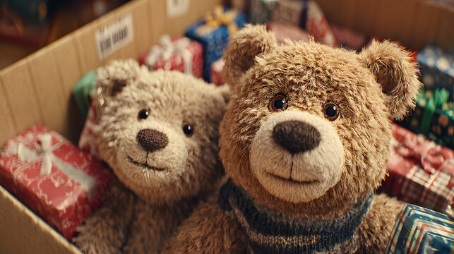 Two plush teddy bears in a donation box for Toy Drive with gifts