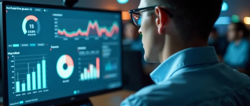 Professional analyst focuses on dynamic data visualizations, while the camera smoothly pans around a modern, softly lit office environment, creating a cinematic and engaging scene.
