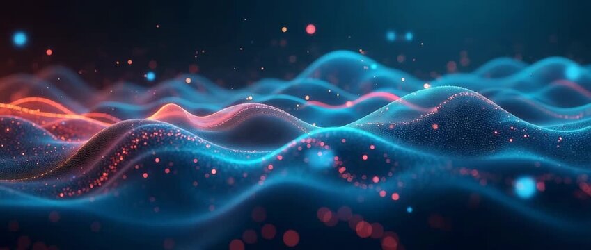 Dynamic abstract waves undulate gracefully, with a slow, cinematic camera pan revealing vibrant digital particles drifting in the ambient glow, perfect for technology and innovation themes.