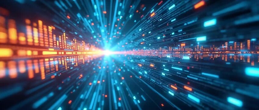 Futuristic digital data stream flows dynamically as the camera tracks forward, with flickering lights and vibrant colors creating an immersive, cinematic technology landscape.