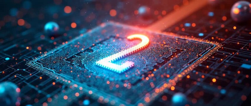 Futuristic glowing circuit board with a digital number pulses with light as the camera slowly pans, showcasing advanced technology in a cinematic, high-tech ambiance.