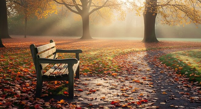 Serene autumn park bench bathed in golden sunlight and fallen leaves