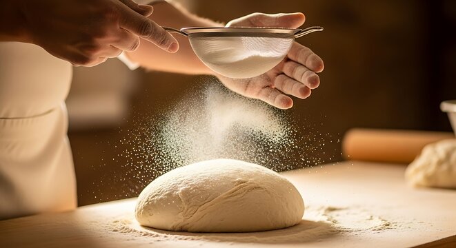 Baker sifting flour onto freshly made dough for baking bread