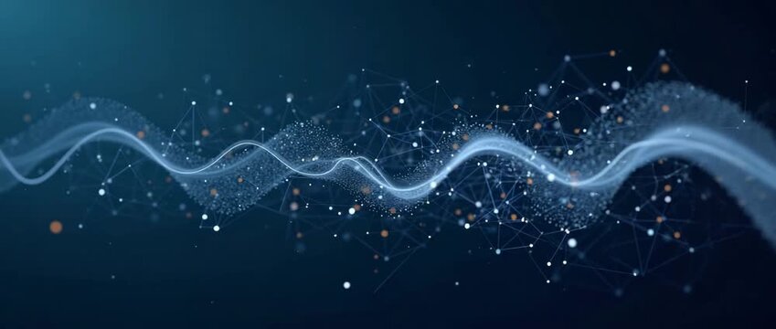 Abstract digital wave undulates smoothly while the camera slowly pans, set against a dynamic network of glowing nodes, in this cinematic, futuristic technology concept.
