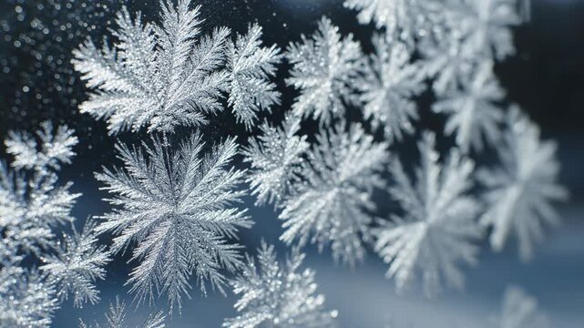 Macro slow motion shot of delicate sharp ice crystals quickly forming and expanding across a cold dark window surface crystal lattice, expanding, texture