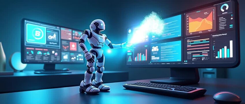 A futuristic robot interacts with glowing data on screens in a tech-focused office, while the camera slowly pans, highlighting digital innovation in a cinematic style.