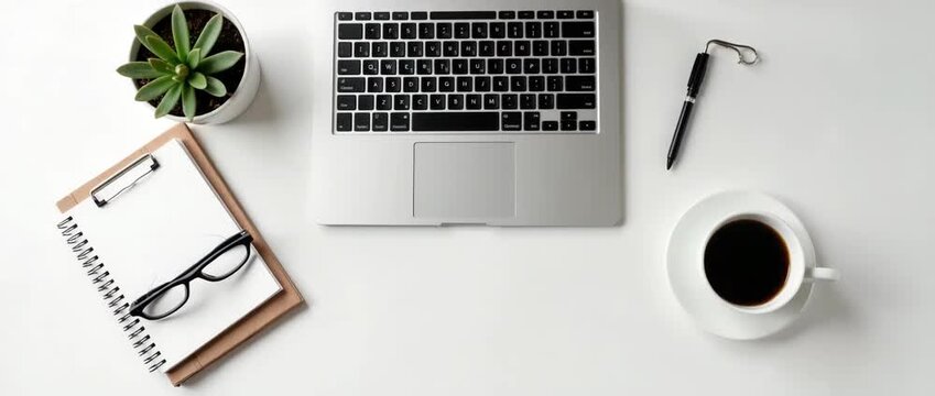 Minimalist desktop workspace with potted plant, glasses, and coffee cup; camera gently pans over laptop, notebook, and pen; ambient light flickers; cinematic style for productivity themes.