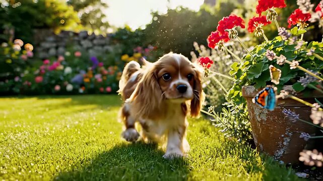 Cavalier King Charles Spaniel frolics in lush meadow, capturing serenity and peacefulness, perfect for conveying calmness and tranquility in your visual content, evoking feelings of joy and.