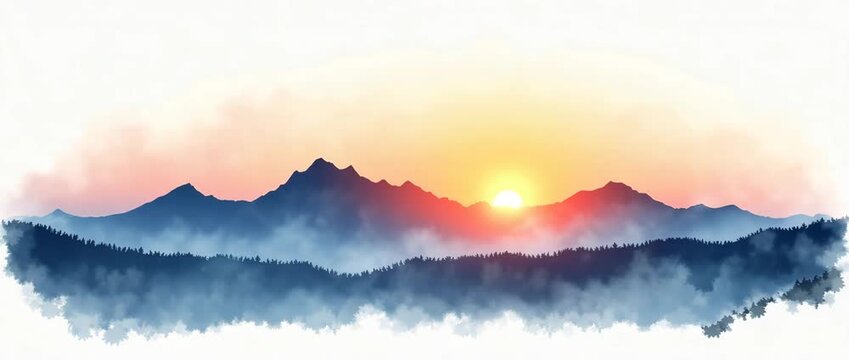 Cinematic sunrise over misty mountain range with slow camera pan, highlighting vibrant colors and serene landscape, as gentle clouds drift across the sky, creating a tranquil atmosphere.