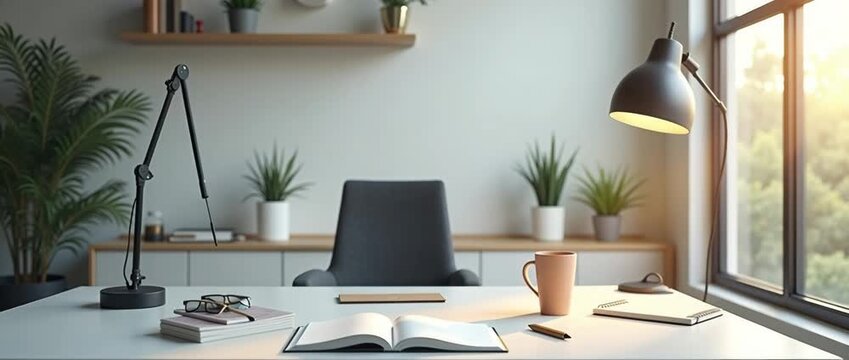 Serene home office with gentle sunlight streaming through windows, papers subtly rustling, and camera slowly panning across minimalist desk setup; cinematic, productivity-themed ambiance.
