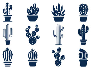 Collection of Stylized Cactus and Succulent Plant Icons in Dark Blue