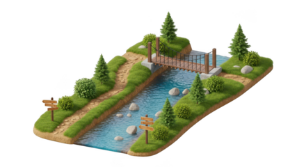 Charming miniature landscape diorama featuring a river and bridge isolated on transparent background