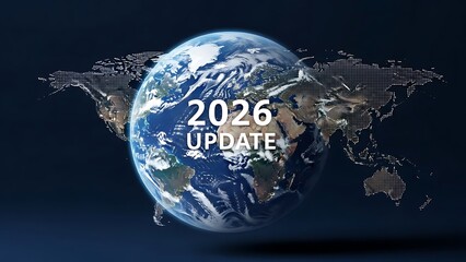 Global update for 2026 shows Earth with illuminated continents, ideal for business presentations, environmental reports, and futuristic technology concepts