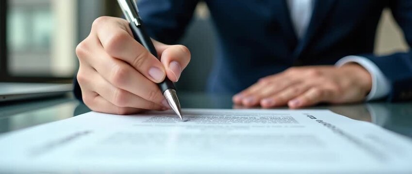 A professional businessman signing an investment contract with a pen, emphasizing focused composition and ample copy space for future marketing needs.