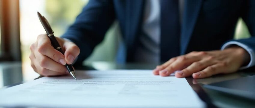 Business professional signing documents at a desk, camera slowly pans across the scene, capturing gentle ambient light shifts, in a cinematic and focused style.