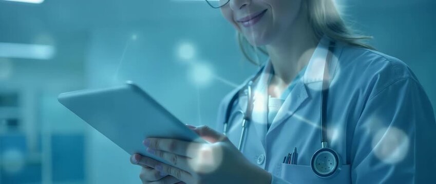 Doctor using a digital tablet in a modern hospital, with a slow pan capturing ambient fluorescent lights flickering, creating a cinematic, professional healthcare scene.