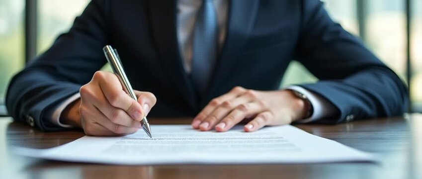 Businessman in a suit signing a document with a pen, slow camera pan capturing the elegant office setting, natural light flickers through the window, cinematic and professional tone.