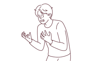 Black and white outline of furious male character arguing. Linear drawing of guy expressing negative emotions, stress and aggression.