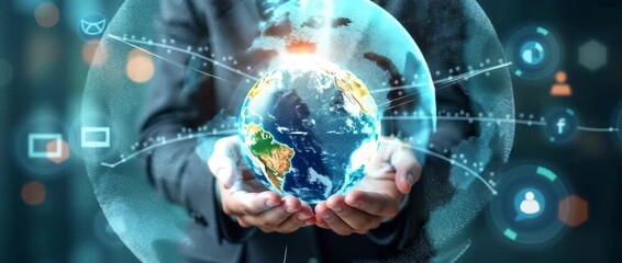 Business professional holds a glowing digital globe, symbols orbiting, as the camera slowly pans; lights flicker in a futuristic, cinematic style, highlighting global innovation.