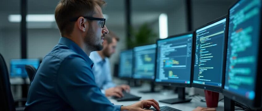 Focused software developers type on keyboards, screens glow with code; camera gently pans across the modern office, capturing a dynamic, cinematic tech workspace atmosphere.