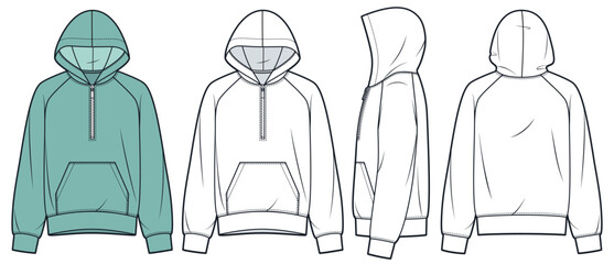 Half Zip Sweatshirt technical fashion illustration. Raglan Sleeve Hoodie fashion flat technical drawing template, relaxed fit, front, side and back view, white, green, women, men, unisex CAD mockup. © Liubov Hladka