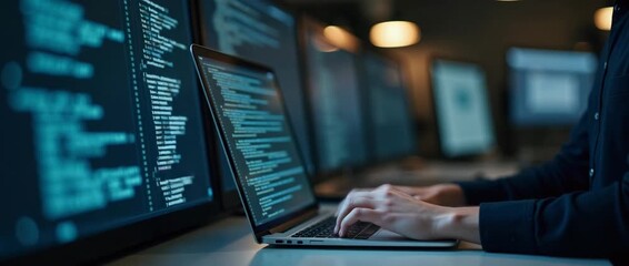 Professional programmer typing code on a laptop, with multiple screens displaying code in a modern office; the camera slowly pans, capturing ambient light flickering in a cinematic style. - Powered by Adobe