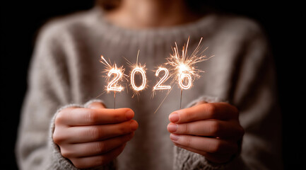 Person holds glowing sparkler numbers welcoming new year in cozy setting.