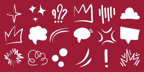 Collection of White Hand-Drawn Comic Style Elements on Red Background