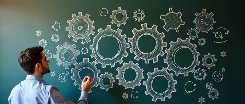 Business professional draws complex gears on chalkboard, animated gears turning, camera gently pans right, cinematic style, symbolizing teamwork, innovation, and strategy.