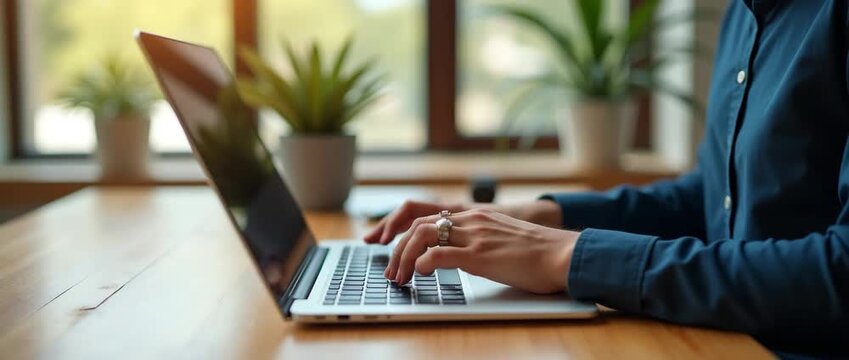 Person typing on a laptop in a serene office environment, with soft natural light flickering through windows; slow camera pan captures a cinematic and focused work atmosphere.
