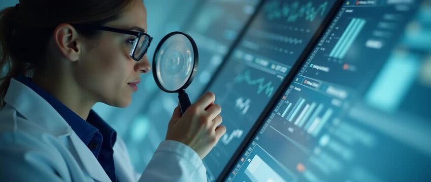 Scientist examines digital data on a futuristic screen with a magnifying glass; the camera slowly tracks while digital graphs animate in this cinematic, technology-focused scene.