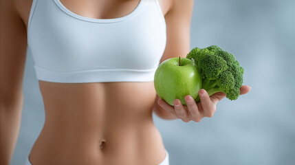 Woman holds green apple and broccoli in one hand. Clean light blue background. Concept of nutrition, healthy eating, wellness for fitness centers, dietitians, health blogs