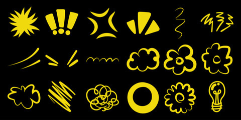 Collection of Yellow Hand-Drawn Comic Style Graphics on Black Background