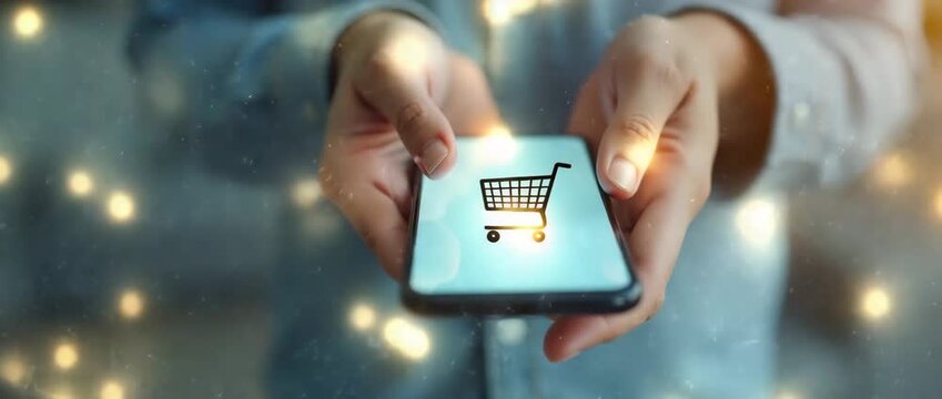 Hands holding smartphone with shopping cart icon, slow pan, ambient lighting flickers, cinematic style for e-commerce, digital marketing, and online shopping concepts.