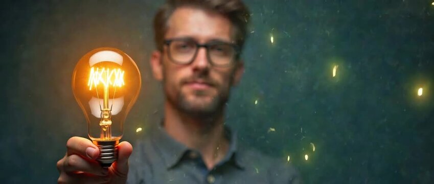 Man holds glowing light bulb as camera slowly pans, highlighting innovation and creativity in a cinematic style, with gentle ambient light flicker creating an inspiring atmosphere.