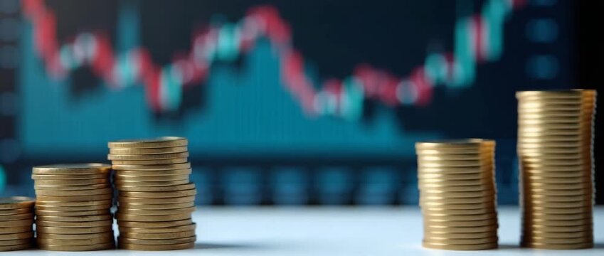 Stacks of coins grow steadily as a stock market chart fluctuates in the background; the camera gently pans, capturing the dynamic financial scene in a cinematic, focused style.
