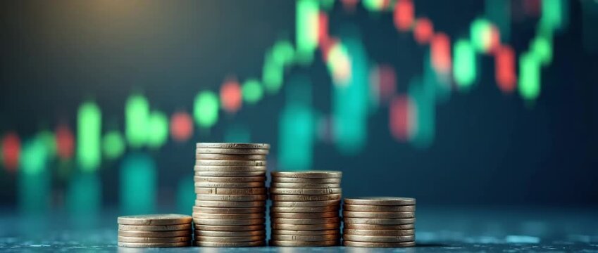 Stacks of coins rise gradually on a reflective surface as a camera pans slowly, with a financial chart subtly animating in the blurred background, in a cinematic and professional style.