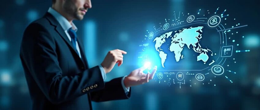 Business professional interacts with digital KYC interface on tablet; camera gently pans across modern office setting as icons subtly animate, creating a dynamic, futuristic corporate ambiance.