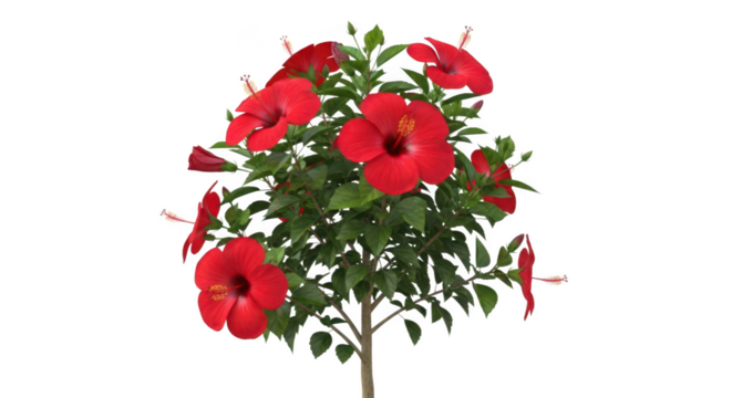 Vibrant red hibiscus bush with lush green leaves isolated on transparent background - Powered by Adobe