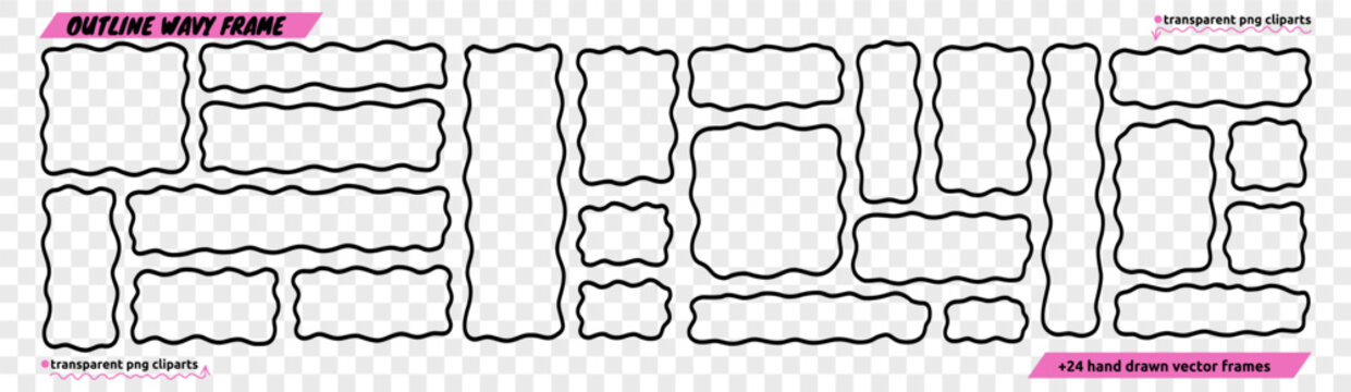 Doodle Wavy Textbox Frame Kit. Black Line Wave Shape Border for Text Box Bundle. Scallop Edge Square Rectangle Frames Set. Vector Graphic Elements in Transparent Png Background