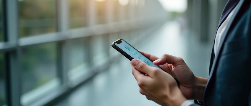 Business professional checks smartphone in sunlit office corridor, slow pan captures modern technology, productivity focus, gentle light flickers enhance cinematic atmosphere.