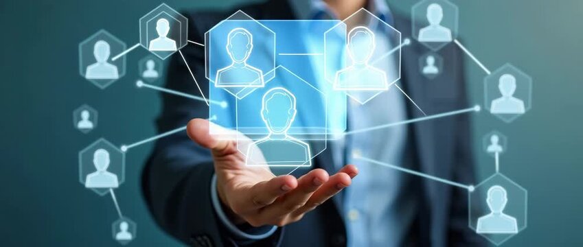 Business professional extends hand towards holographic network interface, while camera slowly pans to reveal digital connections in a cinematic style, showcasing technology and innovation.