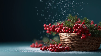 Wicker basket overflows with frosted cranberries and festive evergreen pine branches.