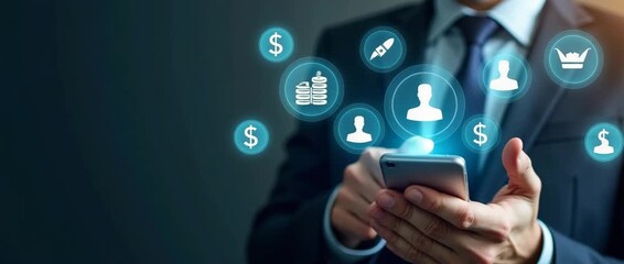 Business professional using smartphone with financial icons; cinematic scene with gentle ambient motion and slow camera pan, ideal for fintech, technology, and innovation themes. - Powered by Adobe