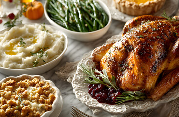 Thanksgiving dinner arrangement. Roasted turkey pumpkin pie side dishes on white marble table. Festive autumn food table setting for holiday celebration. Top view photo.